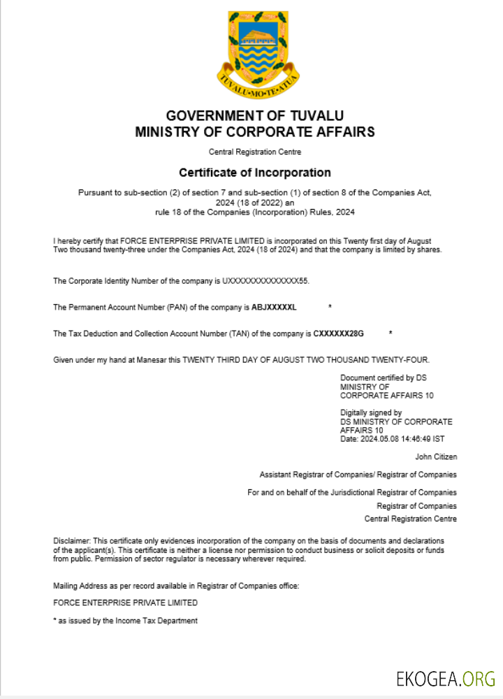 Modèle Word et PDF de certificat d'enregistrement d'entreprise à Tuvalu